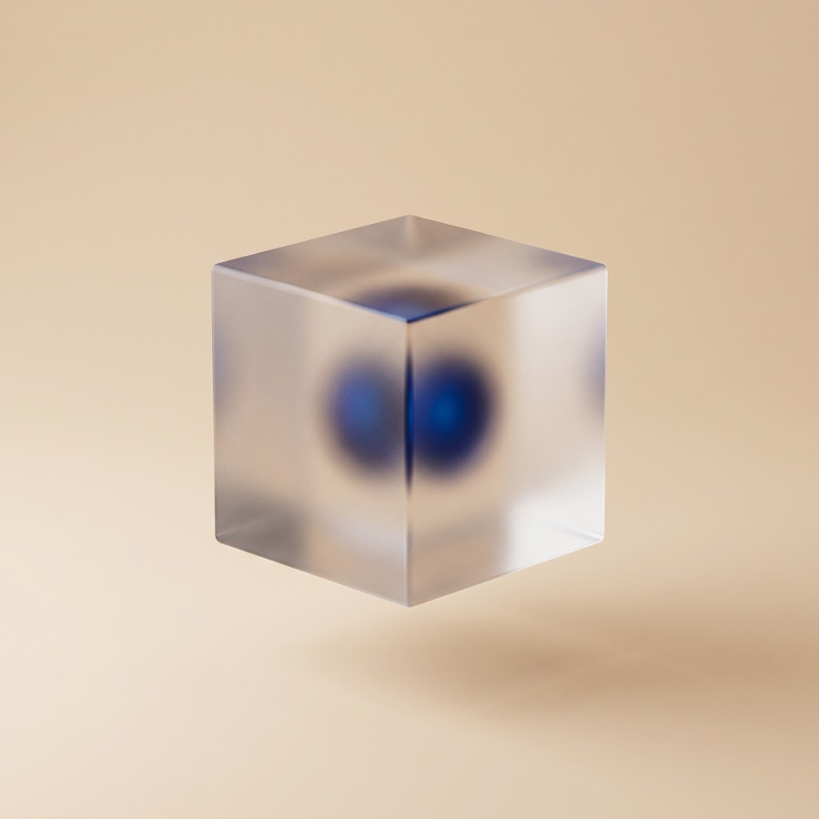 Glasobject: een enkele matglazen kubus met een beginnende blauwe kern